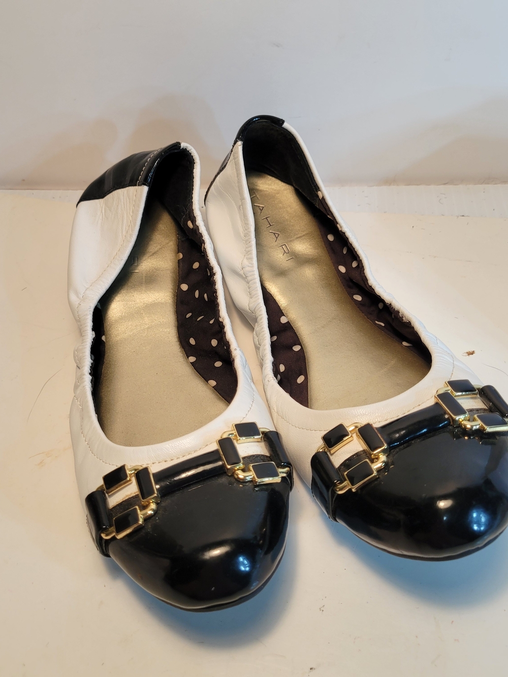 Tahari Gloria  Black and White Cap-Toe Ballet Flats with Enamel  Buckle Detail 8